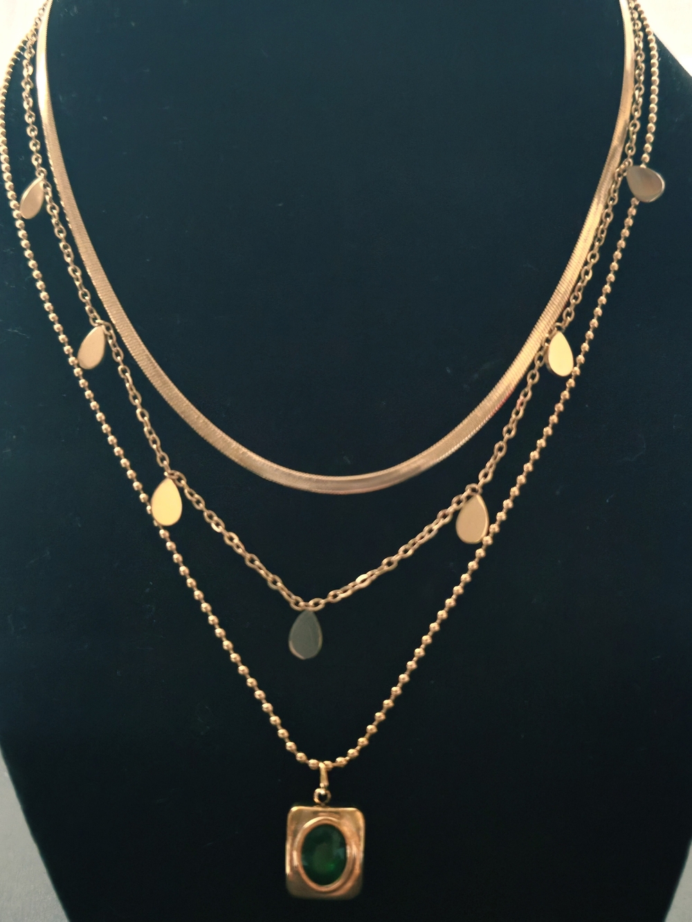 18K Gold Layered Necklace w/ Green Zircon Accent (B002) - Picture 3 of 12